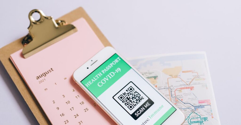 Smartphone with health passport and calendar for organized travel planning.